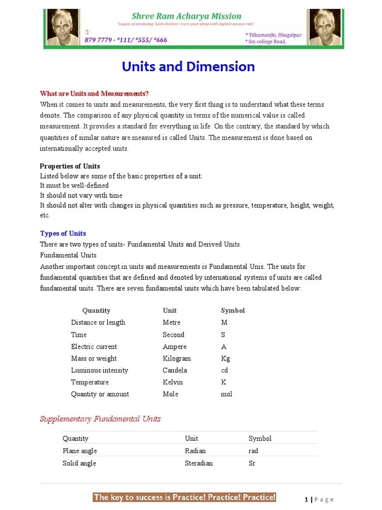 Units and Dimension PDF International System Of Units Measurement