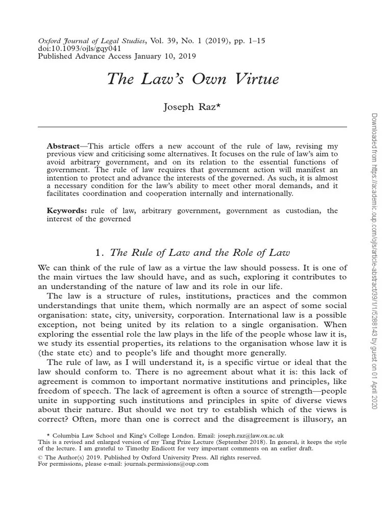 Raz The Law's Own Virtue PDF Rule Of Law Reason