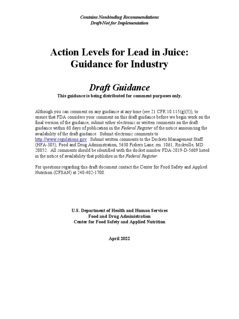 Action Levels For Lead in Juice Guidance For Industry Draft Guidance