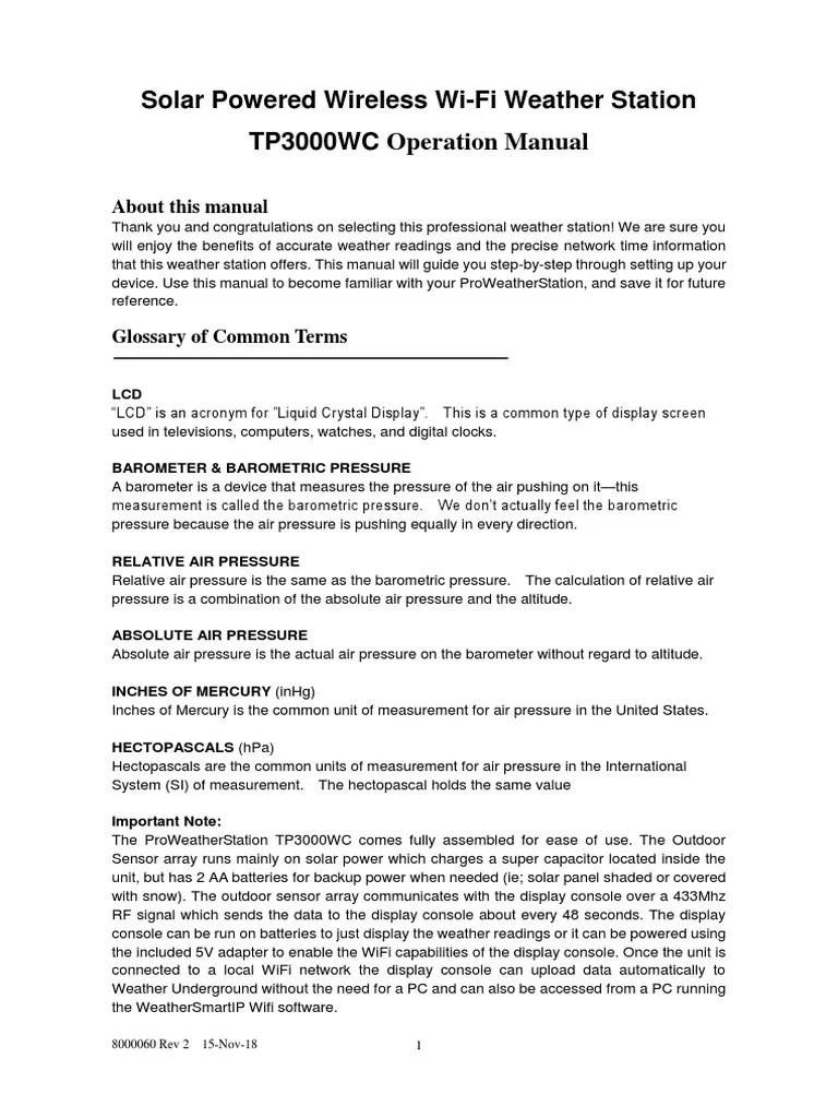TP3000WC ProWeatherStation User Guide | PDF | Wi Fi | Atmospheric Pressure