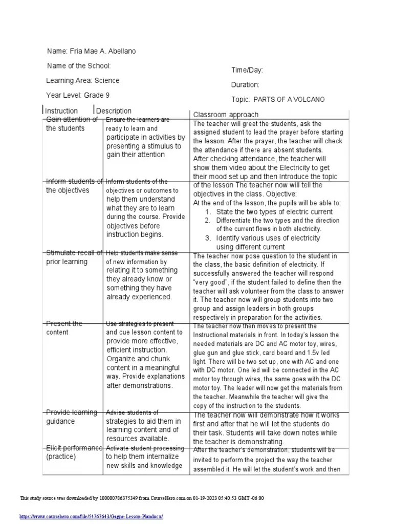 Gagne Lesson Plan Download Free PDF Teachers Learning