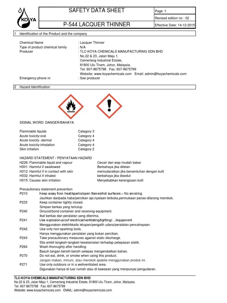 Koya P544 Lacquer Thinner Sds PDF Waste Management Firefighting