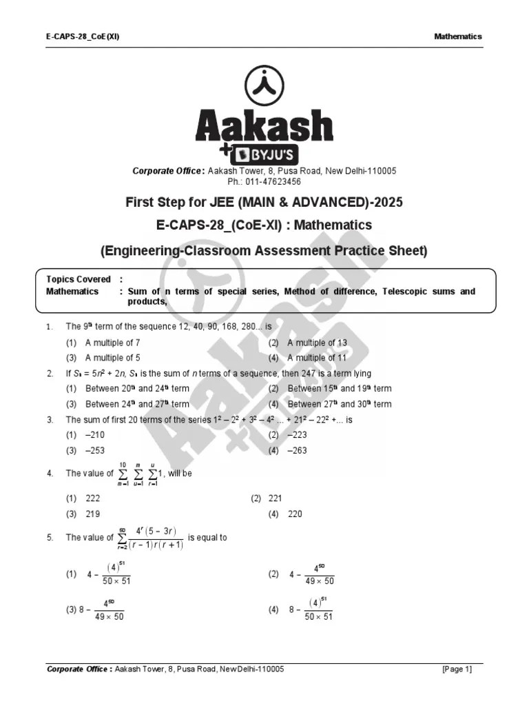 E-CAPS-28 - For CoE (XI) - Mathematics - (Que. - Answer Key) | PDF