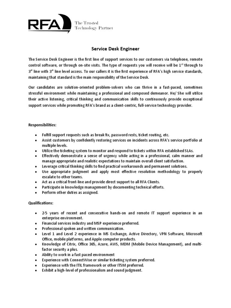 Service Desk Engineer 2019 PDF It Service Management Information