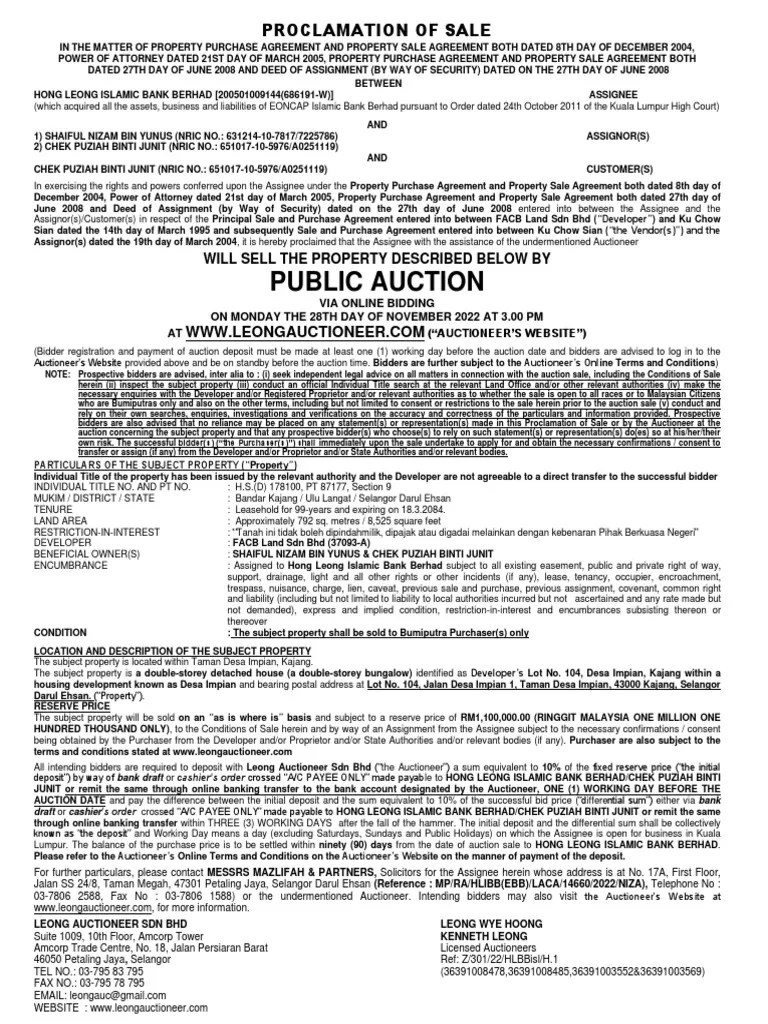 Public Auction Will Sell The Property Described Below by PDF