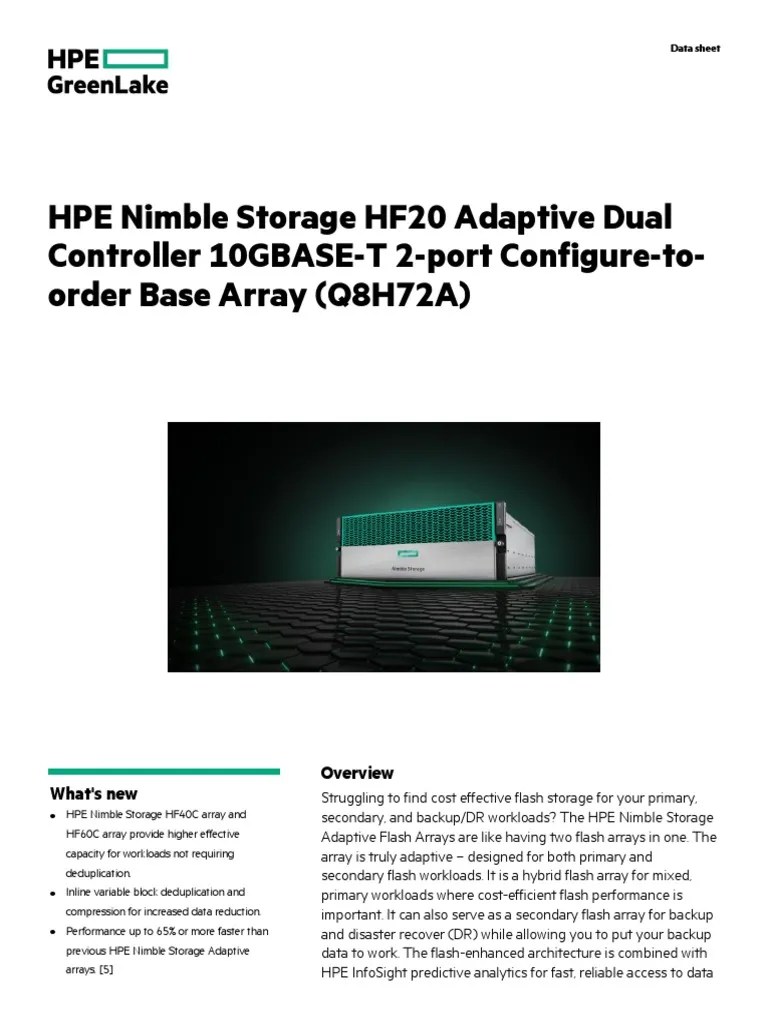 HPE Nimble Storage HF20 Adaptive Dual Controller 10GBASET 2Port ConfigureToOrder Base Array
