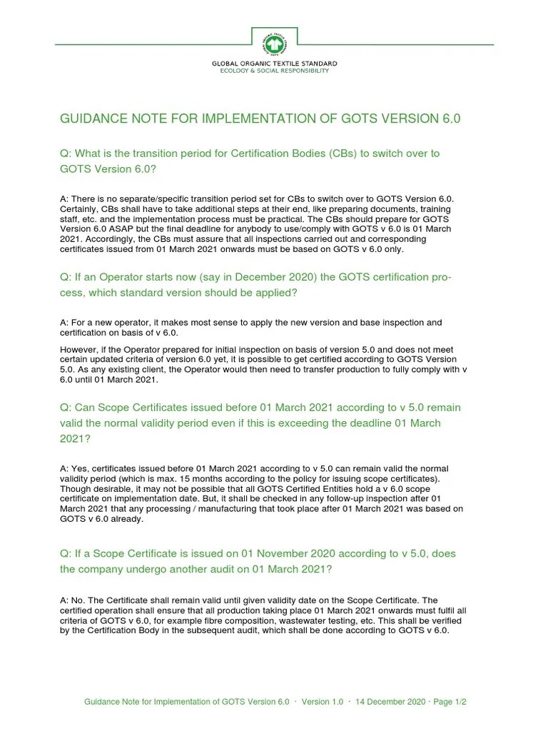 Guidance Note Implementation GOTS Version 6.0 PDF Textiles