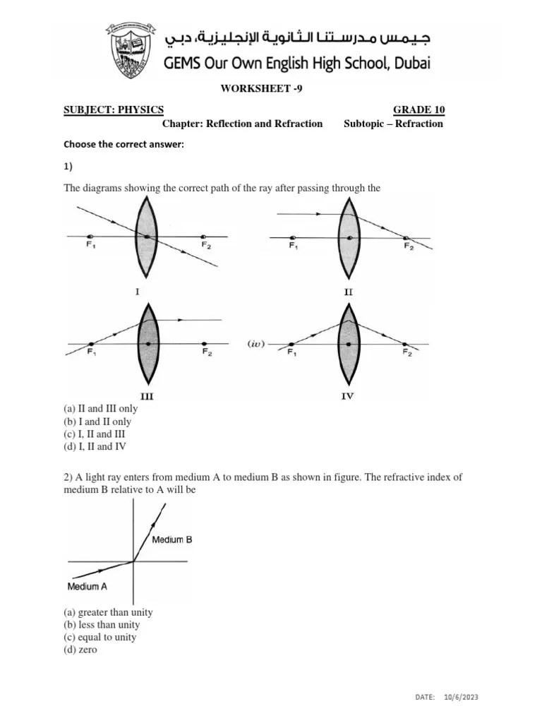 REFRACTION Worksheet 9 MCQ PDF