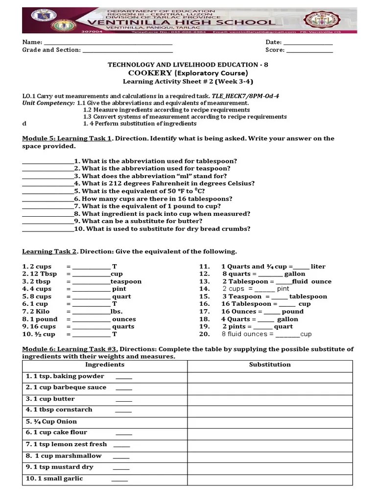 Long Quiz in Cookery Module 5 Measurement and Calculation | PDF