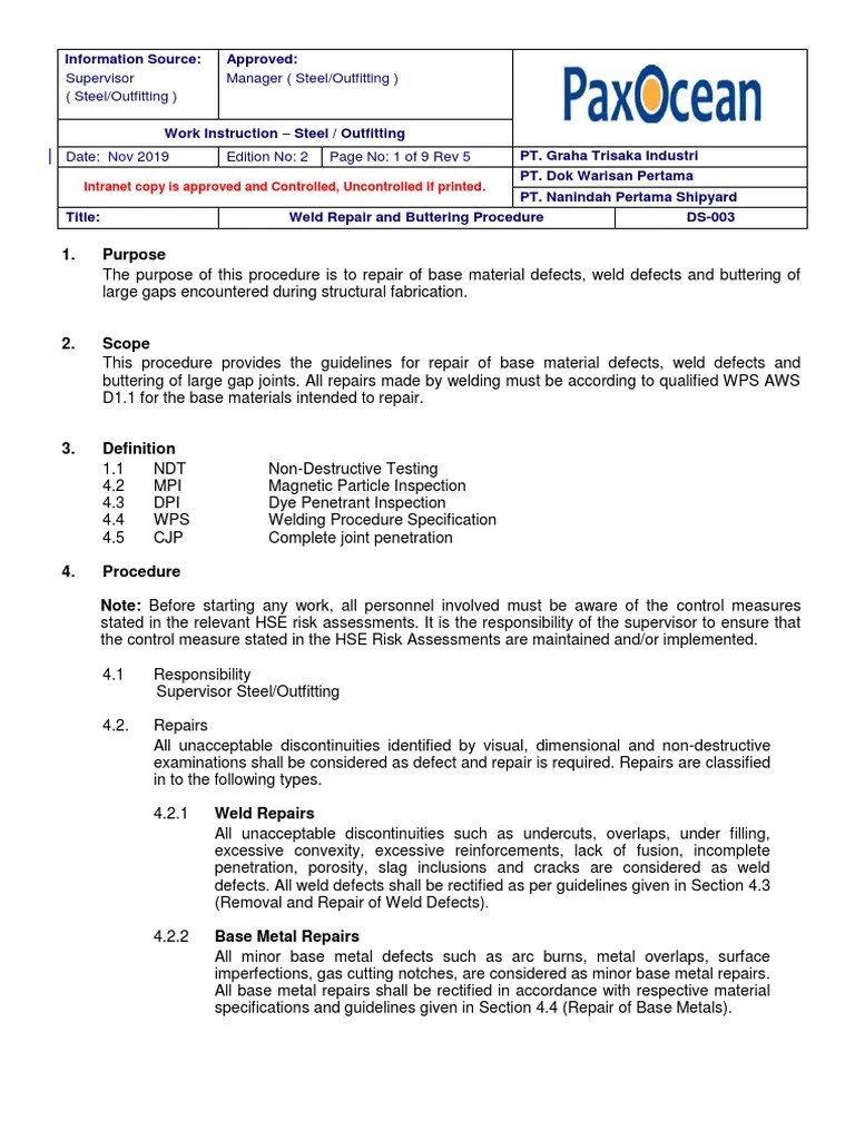 Weld Repair and Buttering Procedure PDF Welding Construction