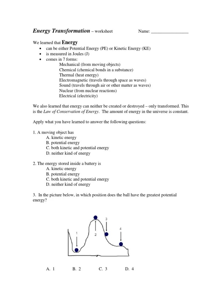 MECHANICS EnergyTransformationConservationOfEnergyWorksheet1