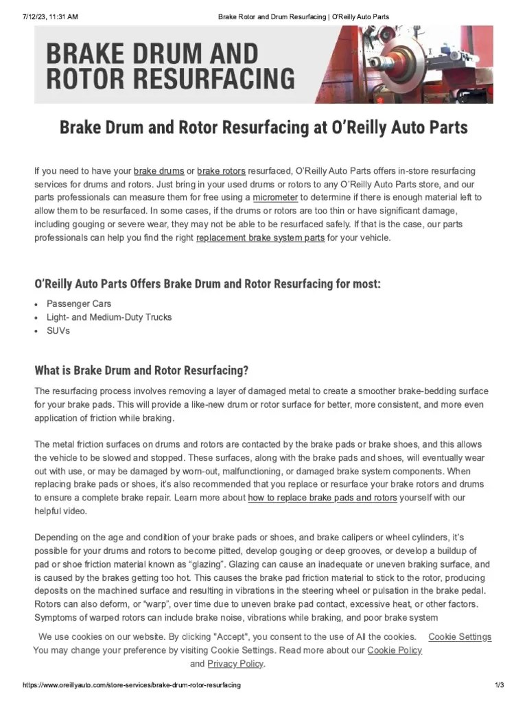 Brake Rotor and Drum Resurfacing O Reilly Auto Parts PDF