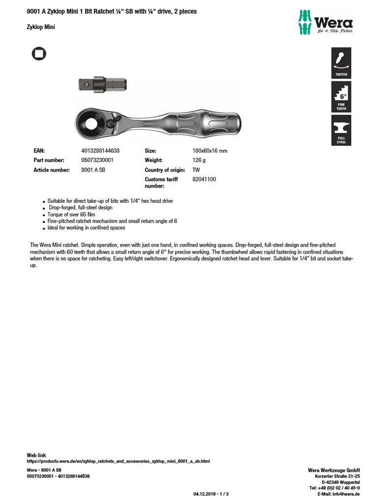 Zyklop Mini Ean Size Part Number Weight Article Number Country of