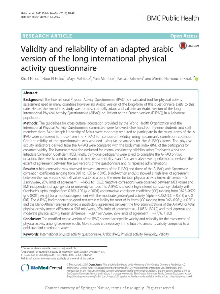 Validity and Reliability of An Adapted Arabic Vers PDF Body Mass