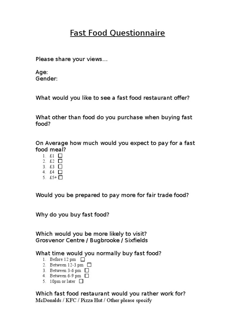 Fast Food Questionnaire