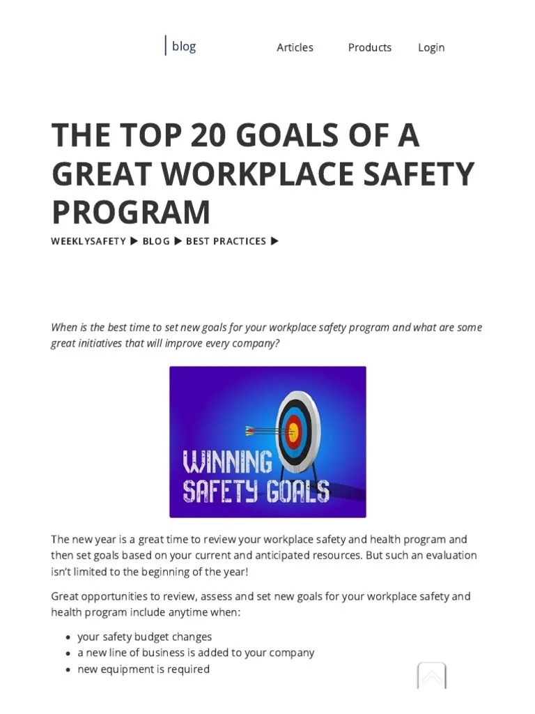 20 Winning Workplace Safety Goals PDF Occupational Safety And