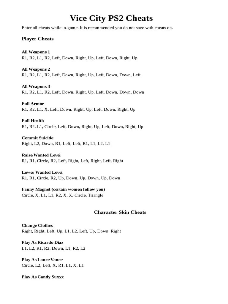Instapdf in Grand Theft Auto Vice City ps2 Cheat Codes 122 PDF Vehicles