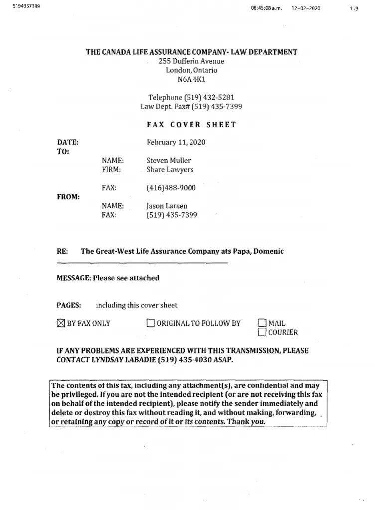 Canada Life To Share Offer Received PDF Fax