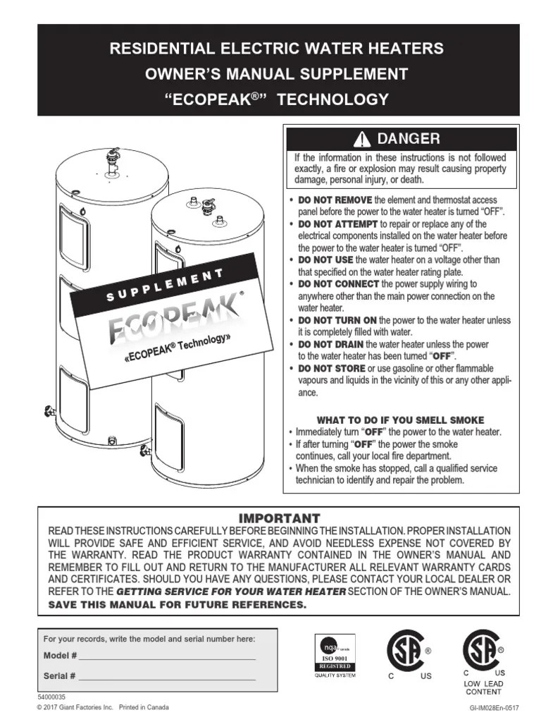 Giant Water Heater I IM028En Res Elect Ecopeak PDF Water Heating