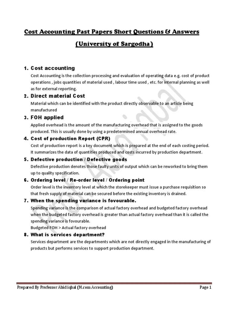 Cost Accounting Short Questions PDF Cost Piece Work