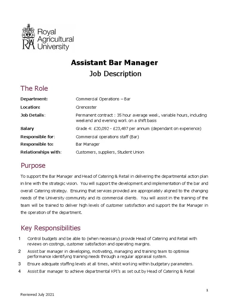 Assistant Bar Manager Job Description Sept 2021 PDF Performance