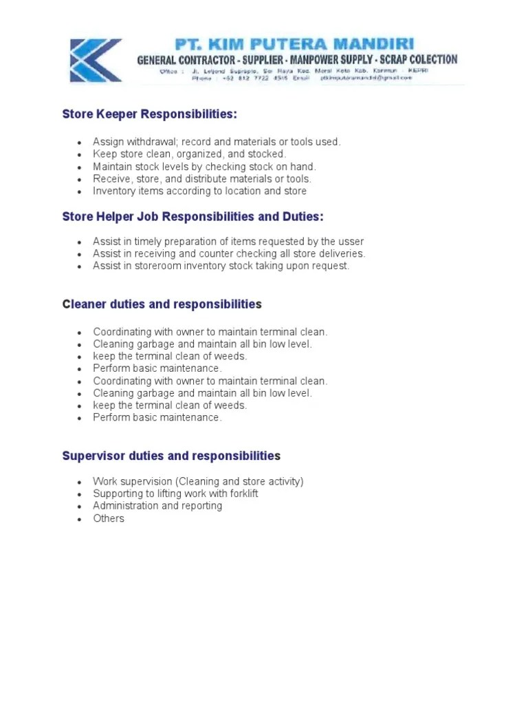 Store Keeper Job Description Template PDF