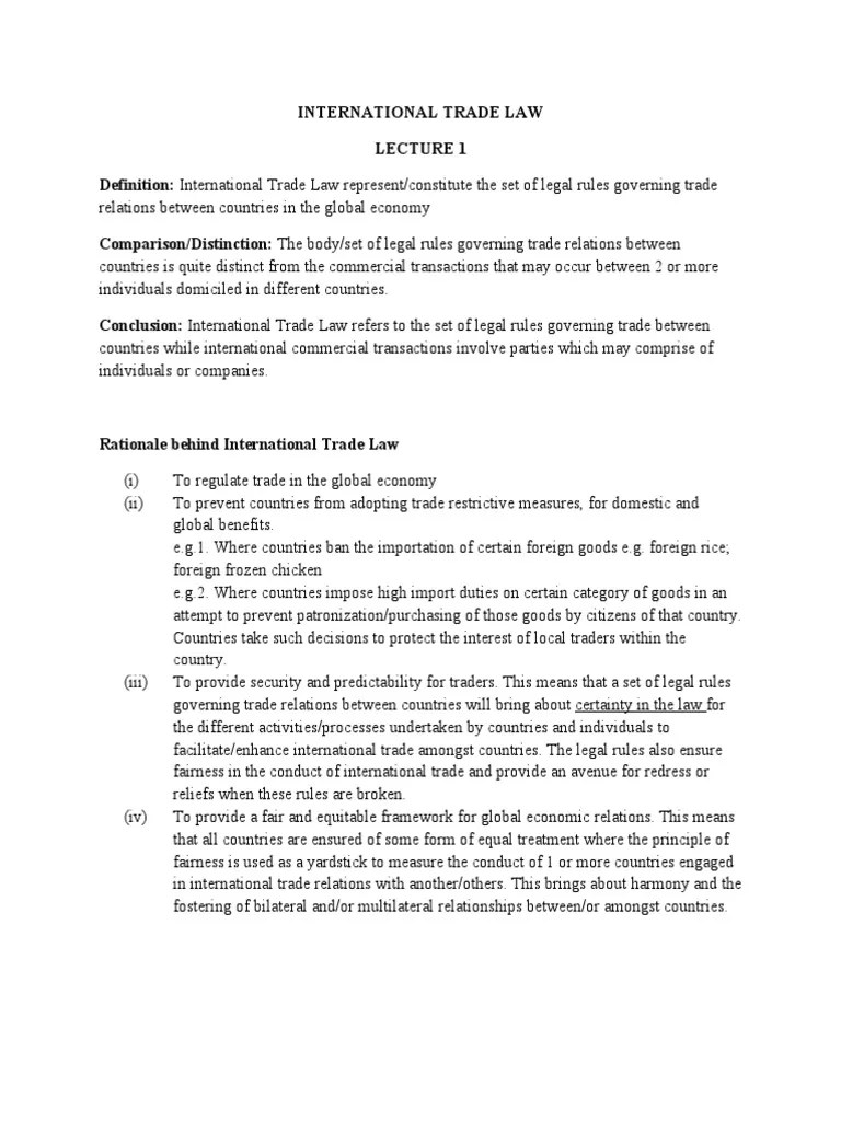 INTERNATIONAL TRADE LAW Lecture 1 PDF Trade Exports