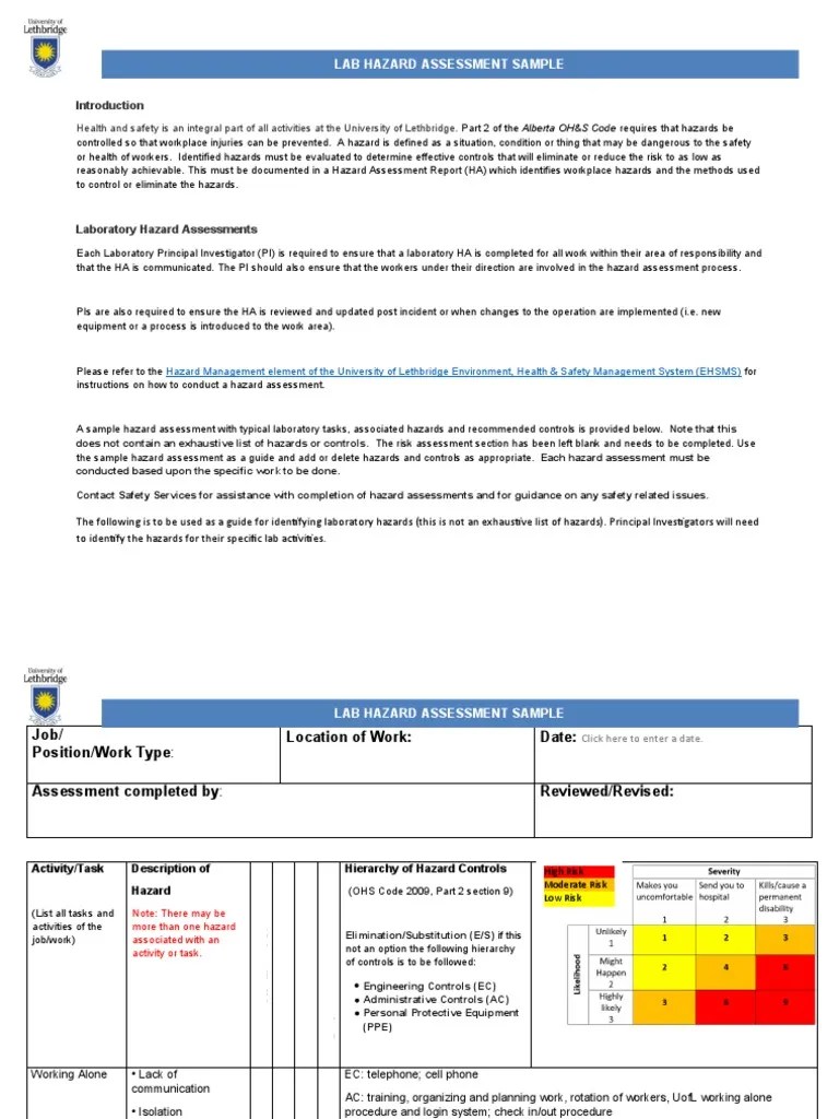 Lab Hazard Assessment Sample v1 Download Free PDF Personal