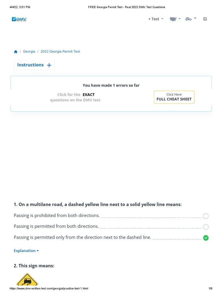 FREE Georgia Permit Test - Real 2022 DMV Test Questions | PDF | Lane