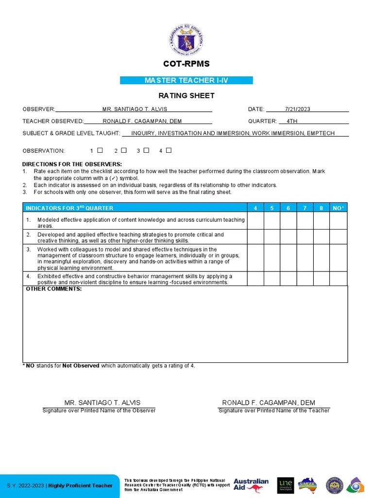 Cot Rating Sheet For MT 2022 2023 PDF Teachers Learning