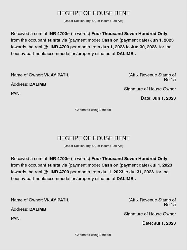 Receipt of House Rent (Under Section 10 (13A) of Tax Act) PDF
