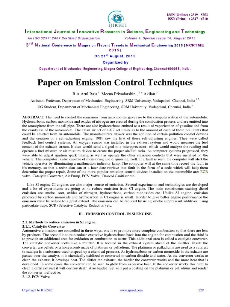 Paper On Emission Control Techniques I J I R S E T PDF Exhaust Gas