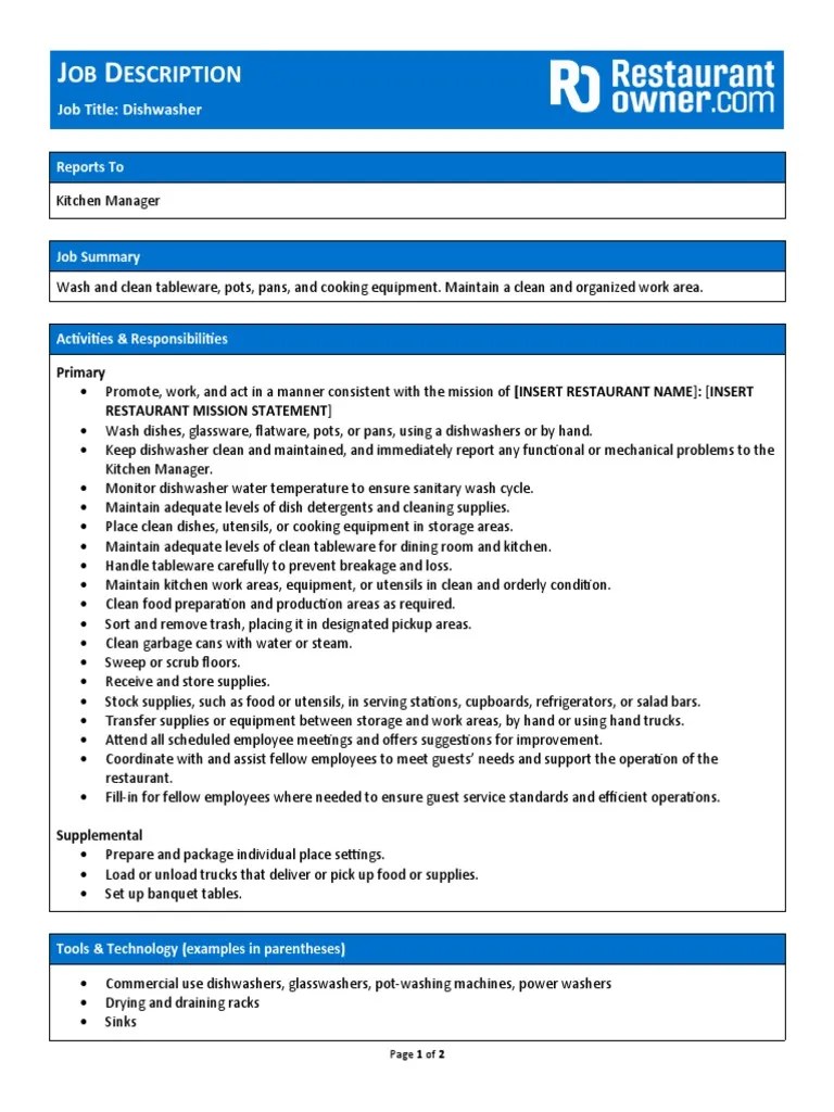 Dishwasher Job Description PDF