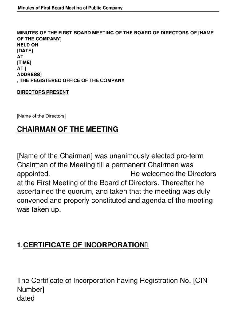 Minutes of First Board Meeting of Public Company Articles Of