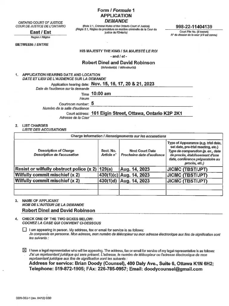 Form 1 Application Defendants R. Dinel and D. Robinson 20JUL