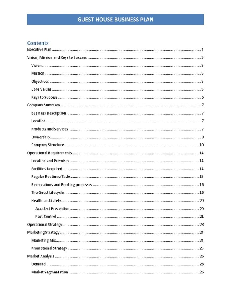 Guest House Business Plan Contents Table PDF Risk Balance Sheet