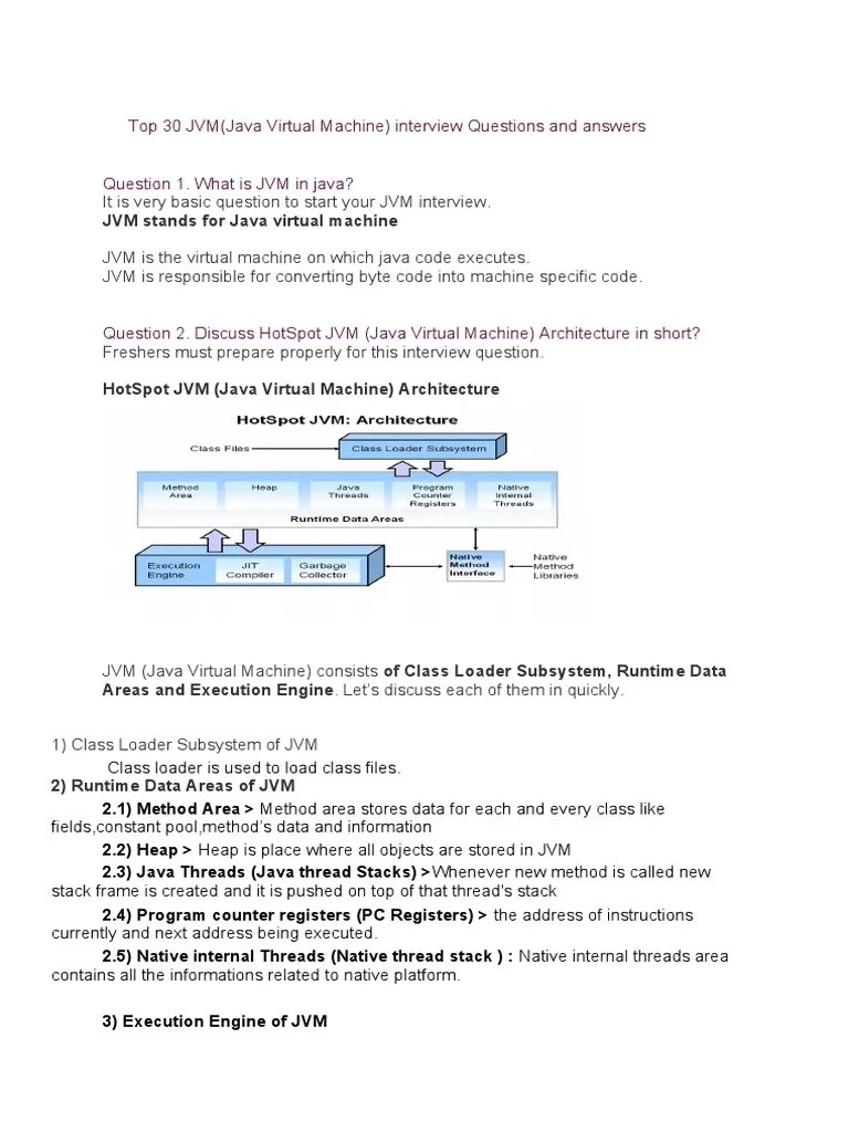 Top 30 JVM (Java Virtual Machine) Interview Questions and Answers Question 1. What Is JVM in