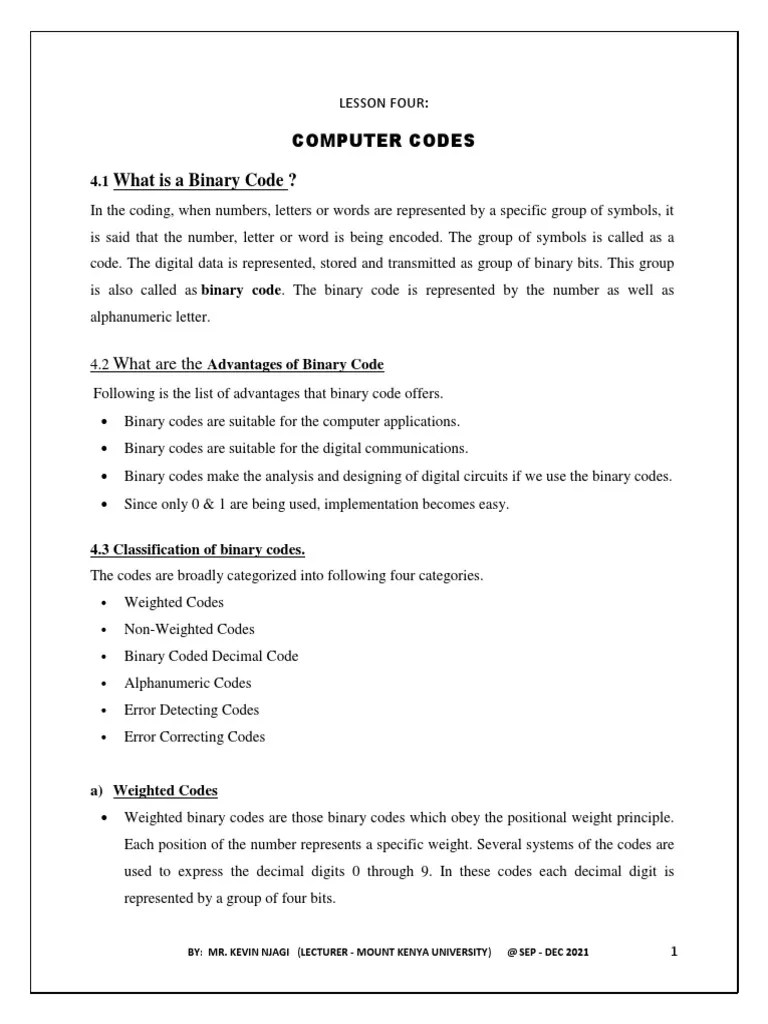 Lesson 4 Computer Codes PDF Binary Coded Decimal Ebcdic