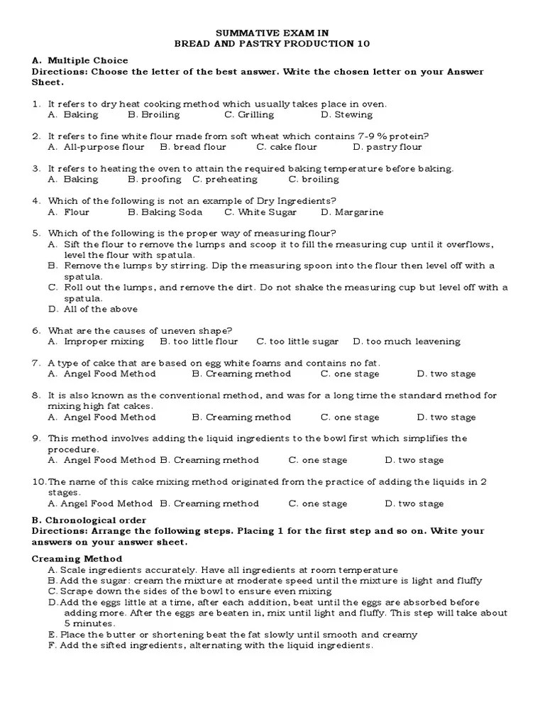 Summative Exam in Bread and Pastry Production 10 PDF Baking Cakes