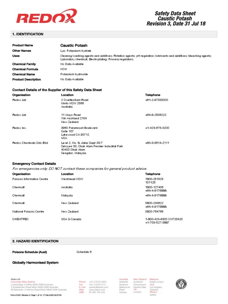 Caustic Potash SDS PDF Dangerous Goods Occupational Safety And Health