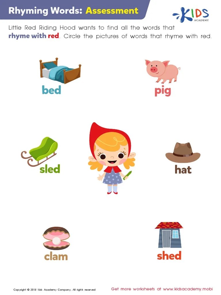 Kindergarten Rhyming Words Assessment Worksheet PDF