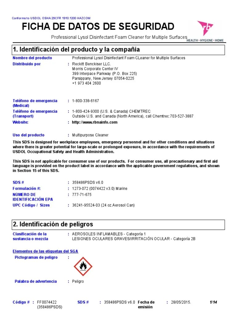 SDS Lysol Disindectant Foam Cleaner For Multiple Surfaces SP GHS