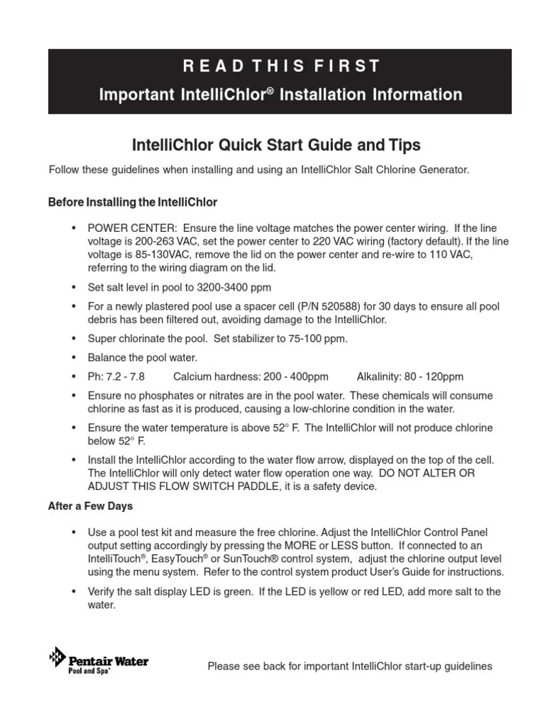 IntelliChlor Quick Start | PDF | Alternating Current | Chlorine