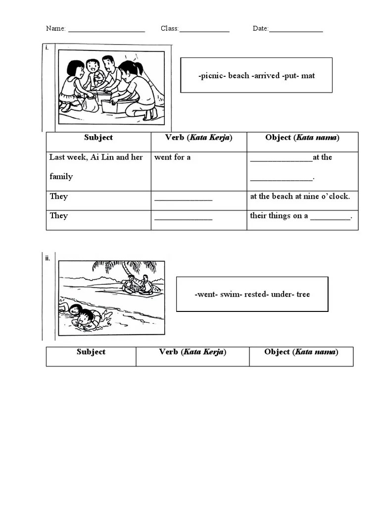 PicnicBeach Arrived Put Mat Subject Verb (Kata Kerja) Object