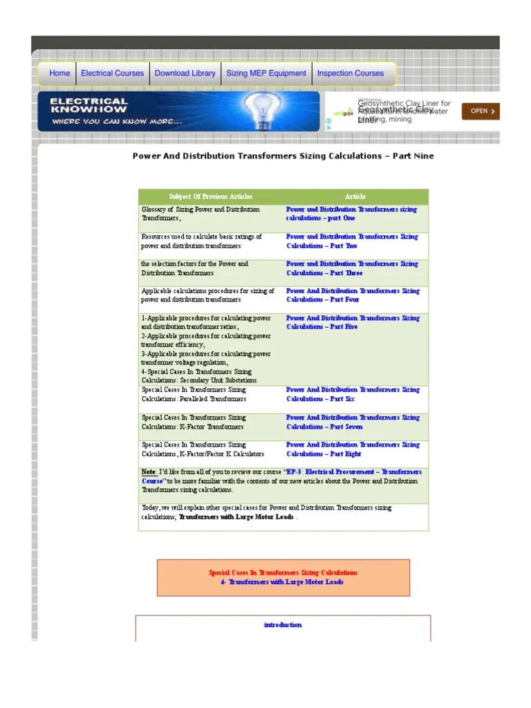 Power and Distribution Transformers Sizing Calculations Part Nine Electrical Knowhow PDF