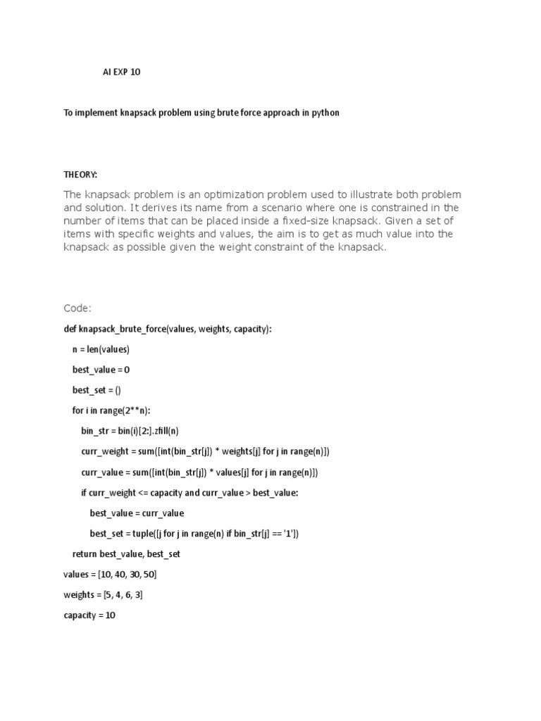 AI EXP 10 Knapsack Problem in Python PDF