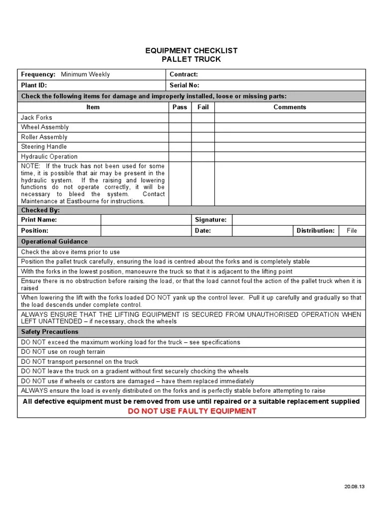 Pallet Truck InspectionCheck Sheet PDF