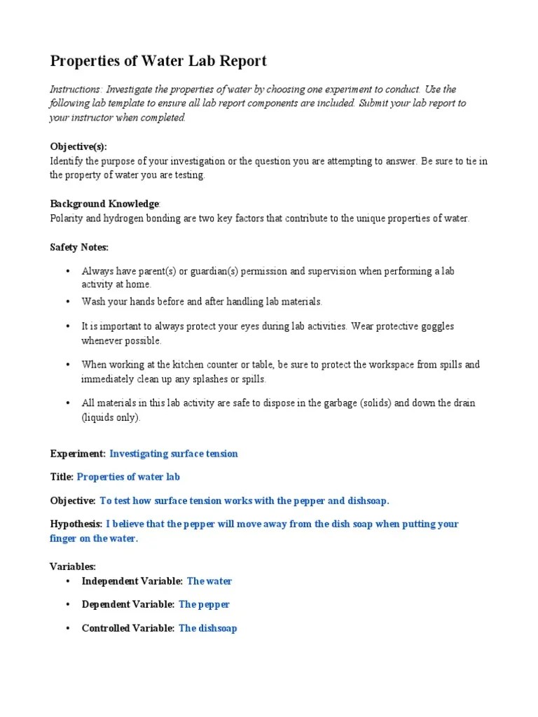 02 01 Properties of Water Lab Report PDF Chemical Polarity