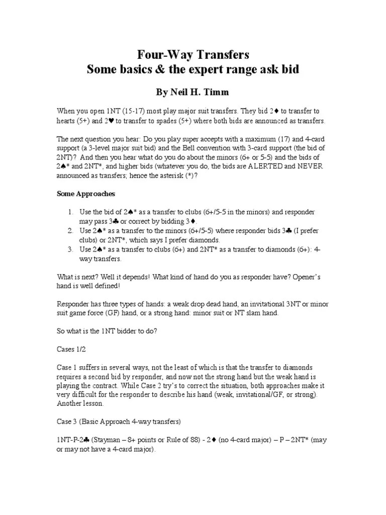 FourWay Transfers PDF Contract Bridge