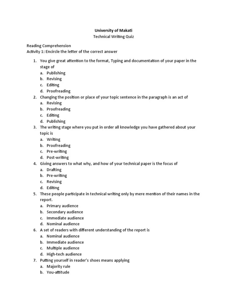 Technical Writing Quiz PDF Human Communication Communication